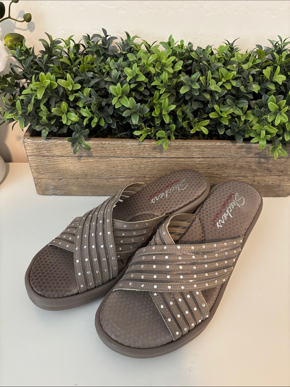 Skechers Brown Crisscross Slide Sandals with Rhinestone Detail